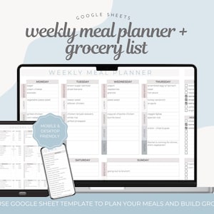 Pode incluir: Um modelo digital de planejador semanal de refeições e lista de compras exibido em um laptop, tablet e smartphone. O modelo é para Google Sheets e é compatível com dispositivos móveis e desktop. O texto diz "weekly meal planner + grocery list".