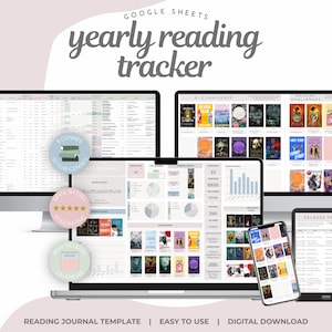 May include: Digital reading tracker template displayed on multiple devices, including a desktop computer, laptop, tablet, and smartphone. The design features a soft color palette and includes the text "Yearly Reading Tracker".