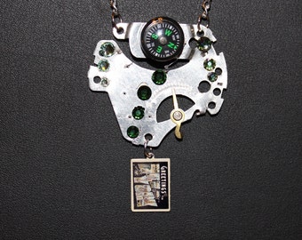 Steampunk Necklace  Compass with Green and Multi Color Jewels and Hanging Charm  SP 18-14