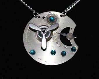 Steampunk Necklace  Silver Propeller with Blue Jewels  SP 18-11