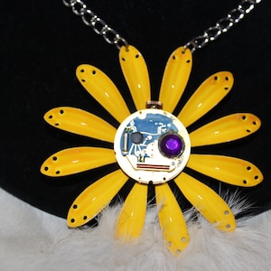 Steampunk Daisy Necklace Yellow with Watch Face and Purple Jewel  FP-03