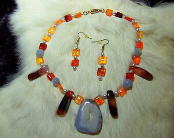 Necklace  Blue Lace and Carnelian Agate   07-27