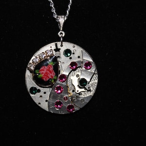 Steampunk Necklace  Pocket Watch with Pink and Green Jewels  SP 18-8