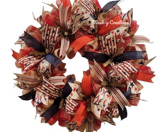 Patriotic Rustic 4th of July Wreath - Handmade Deco Mesh Americana Wreath - Independence Day Decor