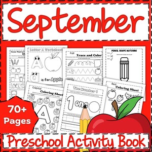 May include: A colourful preschool activity book with over 70 pages of activities for September. The cover features a red apple with a green leaf and the title "September Preschool Activity Book".