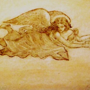 Peut inclure: Un dessin sépia d'un ange aux ailes déployées, se penchant vers un tas de fleurs. L'ange a de longs cheveux flottants et porte une robe ample.
