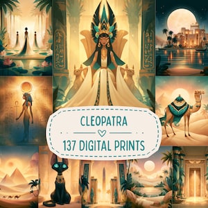 May include: A collection of 137 digital prints featuring Egyptian-themed illustrations, including a central figure in a crown, pyramids, a camel, a black cat, and desert landscapes with the text CLEOPATRA 137 DIGITAL PRINTS displayed in the center.