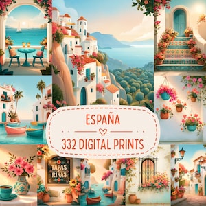 May include: A collection of digital prints featuring Mediterranean coastal scenes, including white buildings, colorful flowers, boats on water, and a central label with the text ESPAÑA 332 DIGITAL PRINTS and a heart symbol in the middle.