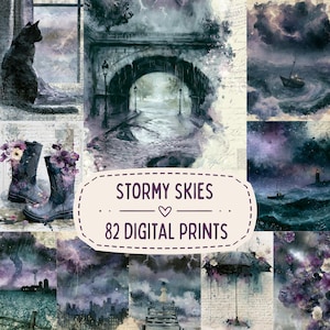 Storm Digital Papers, Rain Junk Journal Pages, Moody Watercolor Ephemera, Storm Backgrounds, Thunderstorm Scrapbook Paper, Rainy Backgrounds