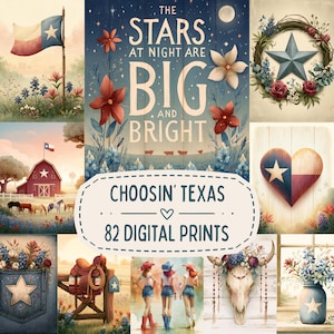 May include: A collection of 82 digital prints featuring Texas-themed imagery including the state flag, bluebonnets, a red barn, a star-shaped wreath, a heart with the Texas flag pattern, a denim pocket, a saddle, and a cow skull.
