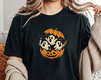Comfort Colors® Süßes Geister-Kürbis-Shirt, lustiges Halloween-Sweatshirt, gruseliges Saison-T-Shirt, gemütliches Herbst-Grafiktop, Unisex-Komfortfarben