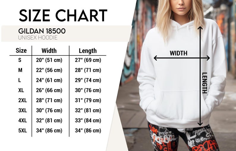 Pu&ograve; includere: Una felpa con cappuccio unisex bianca con una tabella delle taglie che mostra le misure di larghezza e lunghezza in cm. La tabella include le taglie dalla S alla 5XL. Una persona indossa la felpa con cappuccio, con frecce che indicano larghezza e lunghezza.