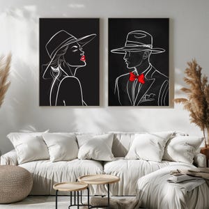 Couple Line Art Prints - Elegant Man and Woman Wall Art - Minimalist Black White Poster Set - Stylish Bedroom Decor - Fashion Silhouette Art