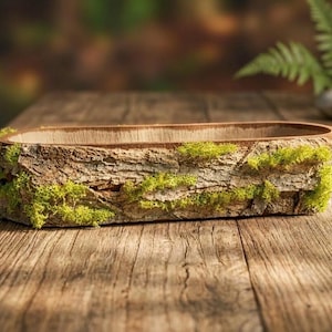May include: A rectangular wooden planter with a bark-like exterior and a mossy green trim. The planter sits on a rustic wooden table, with a blurred natural background. The planter is ideal for small plants or succulents.