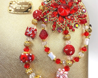 Cadena para bolso con broche floral de diamantes de imitación rojos: cadena para teléfono con cuentas de cristal hecha a mano