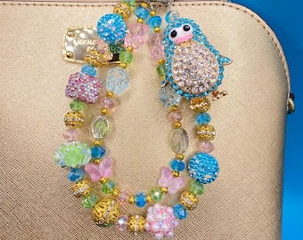 Cadena colorida con dije de PINGÜINO para bolso o teléfono: llavero con cuentas de cristal y diamantes de imitación, joyería hecha a mano.