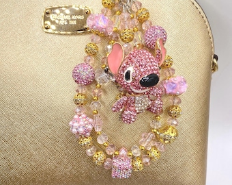 Cadena con dije para bolso con diamantes de imitación STITCH: llavero de cuentas hecho a mano, cadena para teléfono con brillo brillante