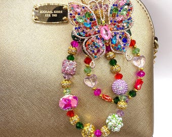 Cadena con dije para bolso con mariposa de diamantes de imitación: cadena para teléfono con cuentas de cristal hecha a mano, llavero con brillo brillante.