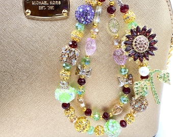 Charm para bolso con cuentas de cristal de girasol: llavero con cadena para teléfono con diamantes de imitación hecho a mano.