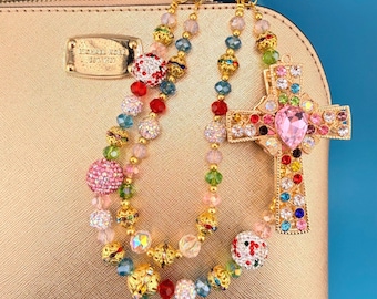 Dije de bolso cruzado con brillantes diamantes de imitación: cadena para teléfono con cuentas de cristal, hecha a mano, color dorado