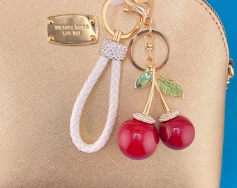 Llavero con dije de cerezas para bolso, llavero trenzado