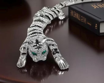 TIGRE TREPA Broche grande de diamantes de imitación de cristal con ojos verde esmeralda, brillo brillante, elige oro o plata