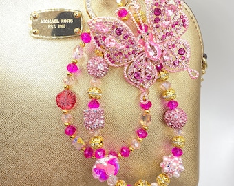 Cadena con dije para bolso con diamantes de imitación y mariposa rosa: cadena para teléfono con cuentas de cristal, llavero con brillo brillante.