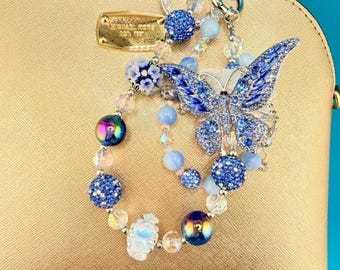 Cadena para bolso con colgante de mariposa de diamantes de imitación: Cadena para teléfono hecha a mano con cuentas de cristal, llavero brillante y reluciente.