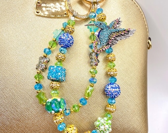Cadena con dije para bolso de colibrí con diamantes de imitación: cadena para teléfono con cuentas de cristal hecha a mano, llavero con brillo brillante