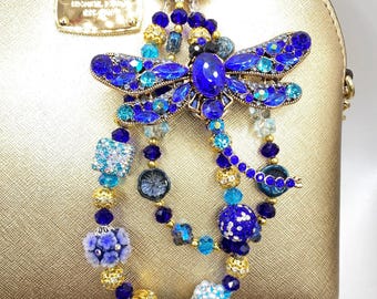 Cadena con dije para bolso de LIBÉLULA con diamantes de imitación: cadena para teléfono con cuentas de cristal hecha a mano, llavero con brillo brillante.