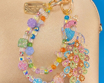 Charm para bolso de pavo real con diamantes de imitación: cadena para teléfono con cuentas de cristal hecha a mano y colorida