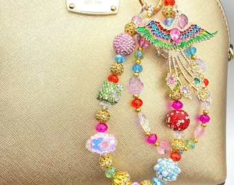 Cadena colorida con dije para bolso o teléfono PHOENIX: llavero con cuentas de cristal y diamantes de imitación, joyería hecha a mano.