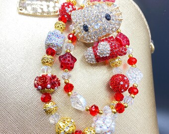 Cadena con dije para bolso de HELLO KITTY con diamantes de imitación: llavero hecho a mano con cuentas de cristal, cadena para teléfono con brillo brillante.