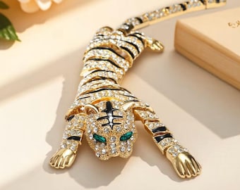 TIGRE TREPA Broche grande de diamantes de imitación de cristal con ojos verde esmeralda, brillo brillante, elige oro o plata