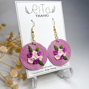Clay Polymer Earrings Circle Flowers Design