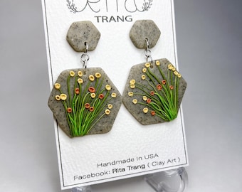 Clay Polymer Earrings Grass Flowers Stone Shape Design