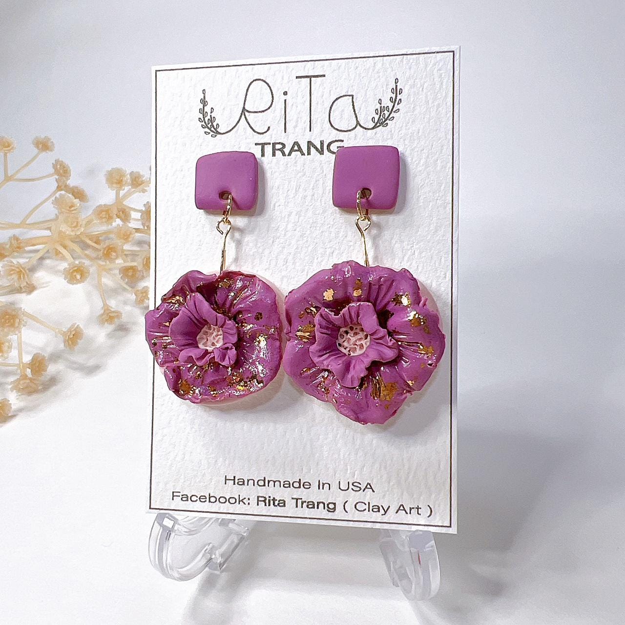 Clay Earrings Peony Flowers Art Design