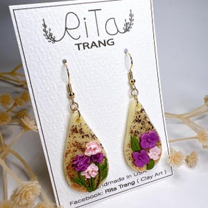 Clay Polymer Earrings Water Drop Flowers Design
