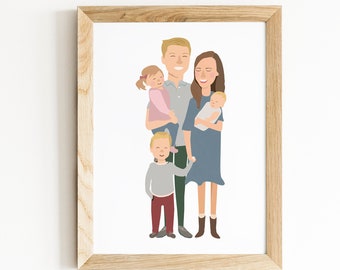 Custom illustrated Portrait, hand drawn, original art, digitally created, family, digital file