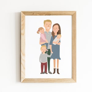 May include: A framed illustration of a family of five. The parents are standing in the center, holding their three children. The father is wearing a green shirt and the mother is wearing a blue dress. The children are wearing a pink shirt, a gray sweater, and a white onesie.