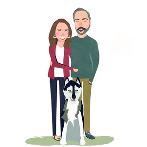 May include: A couple with a black and white husky dog. The woman is wearing a red jacket and the man is wearing a green sweater. They are standing on a green background.