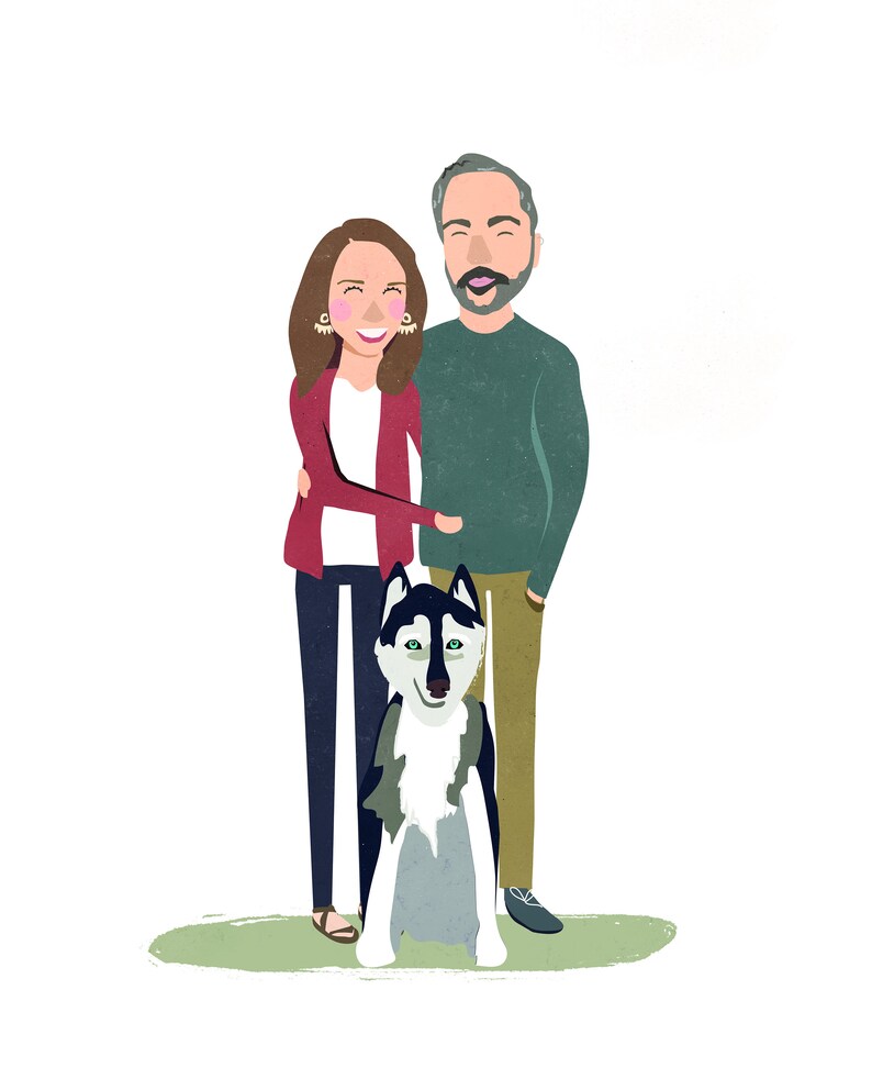 May include: A couple with a black and white husky dog. The woman is wearing a red jacket and the man is wearing a green sweater. They are standing on a green background.