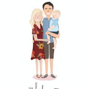 May include: A family portrait featuring a couple and their young son. The woman is wearing a red dress with floral print, the man is wearing a blue shirt and brown shorts, and the boy is wearing a light blue shirt. The family is smiling and standing together. The text "THE BECKMANNS" is written below the family.
