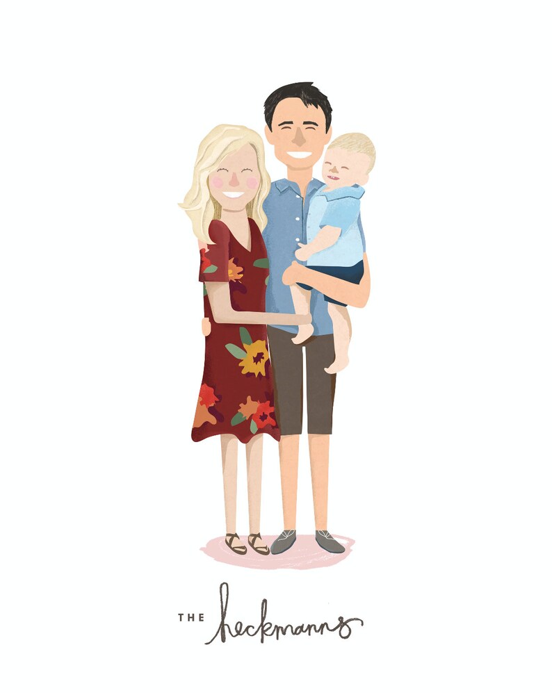 May include: A family portrait featuring a couple and their young son. The woman is wearing a red dress with floral print, the man is wearing a blue shirt and brown shorts, and the boy is wearing a light blue shirt. The family is smiling and standing together. The text "THE BECKMANNS" is written below the family.