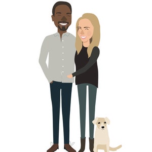 May include: A couple, a man with a beard and a woman with long blonde hair, are smiling and standing together. A small white dog is sitting in front of them.