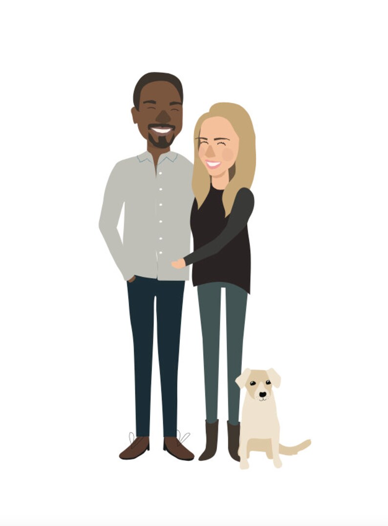 May include: A couple, a man with a beard and a woman with long blonde hair, are smiling and standing together. A small white dog is sitting in front of them.