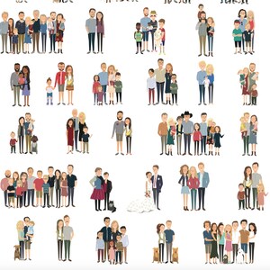 May include: A digital illustration of various families with different skin tones, hair colors, and clothing styles. The families are all standing together in a variety of poses, some holding hands, some with their arms around each other, and some with their children in their arms. The families are all smiling and appear to be happy and close.