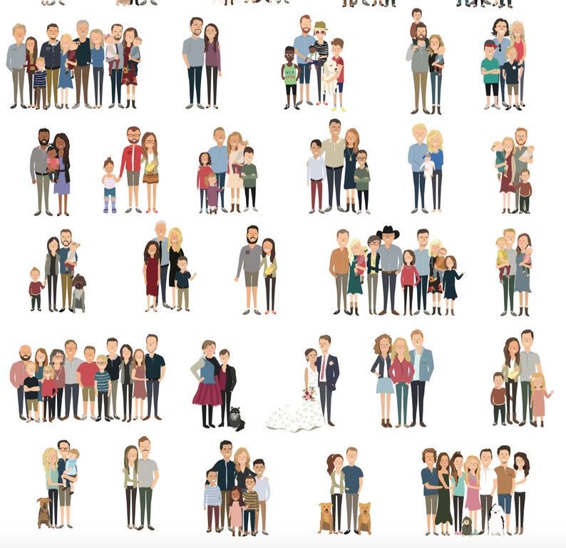 May include: A digital illustration of various families with different skin tones, hair colors, and clothing styles. The families are all standing together in a variety of poses, some holding hands, some with their arms around each other, and some with their children in their arms. The families are all smiling and appear to be happy and close.