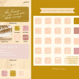 May include: A digital phone screen with a light pink and yellow color scheme. The screen displays a collection of 19 light pink app icons and 19 mixed pink app icons. The icons are arranged in a grid pattern. The text "be happy in the moment, thats enough." is displayed at the top of the screen. The text "iOS 14 APP ICONS + WIDGET COVERS" is displayed at the top of the screen. The text "19 LIGHT PINK ICONS 19 MIXED PINK ICONS 1 WIDGET QUOTE 1 BACKGROUND 1 WIDGET PHOTO" is displayed at the bottom of the screen.