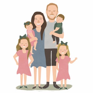 May include: A family portrait illustration featuring a couple with four children. The parents are standing in the center, with the children standing in front of them. The parents are smiling, and the children are looking at the camera. The family is dressed in casual clothing. The background is white.